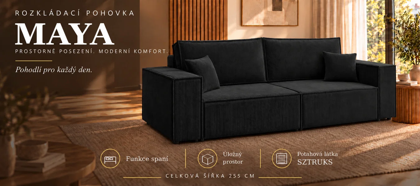 Dvoumístná rozkládací pohovka | MAYA | 255x105x70cm | SZTRUKS ČERNÁ