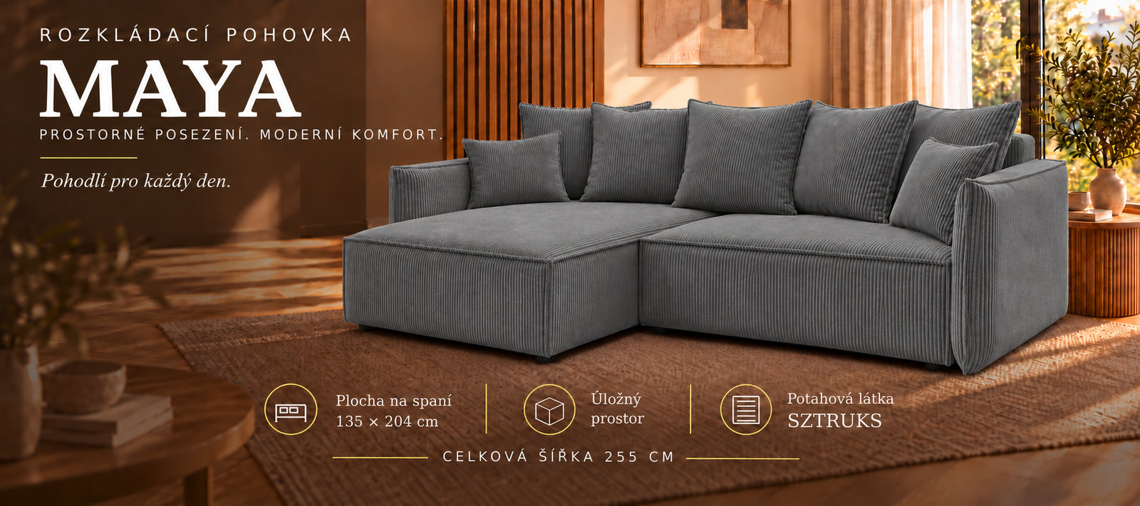 Rohová sedacia súprava do L | MAYA | 221x148x70cm | SZTRUKS GRAFIT