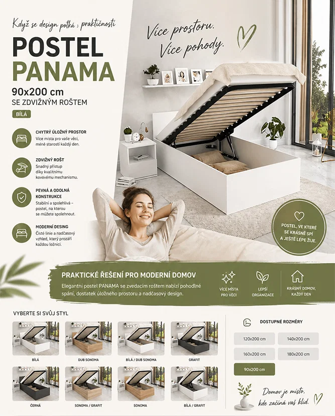Postel PANAMA 90x200 se zdvižným roštem DUB
