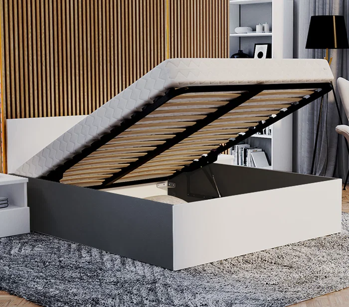 Dvoulůžková postel s úložným prostorem 160x200 PANAMA se zdvižným roštem ŠEDÁ BÍLÁ