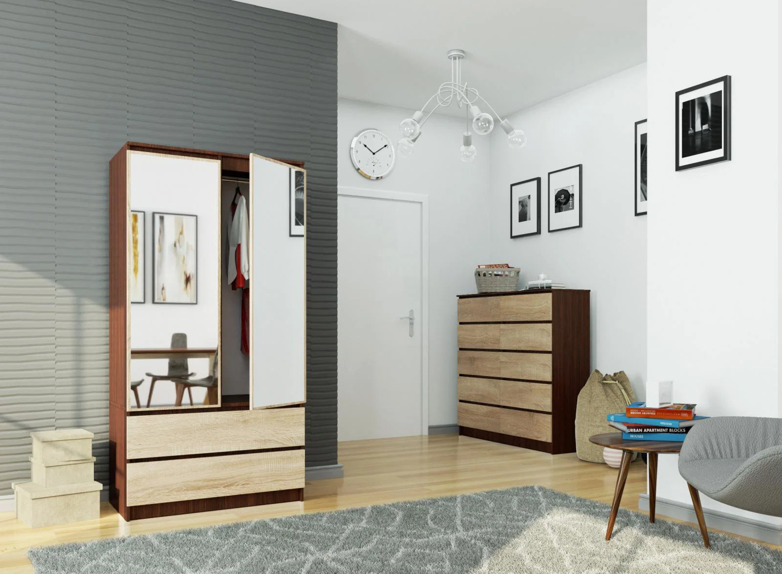 Šatní skříň s otočnými dveřmi a zrcadlem 90 cm wenge / sonoma