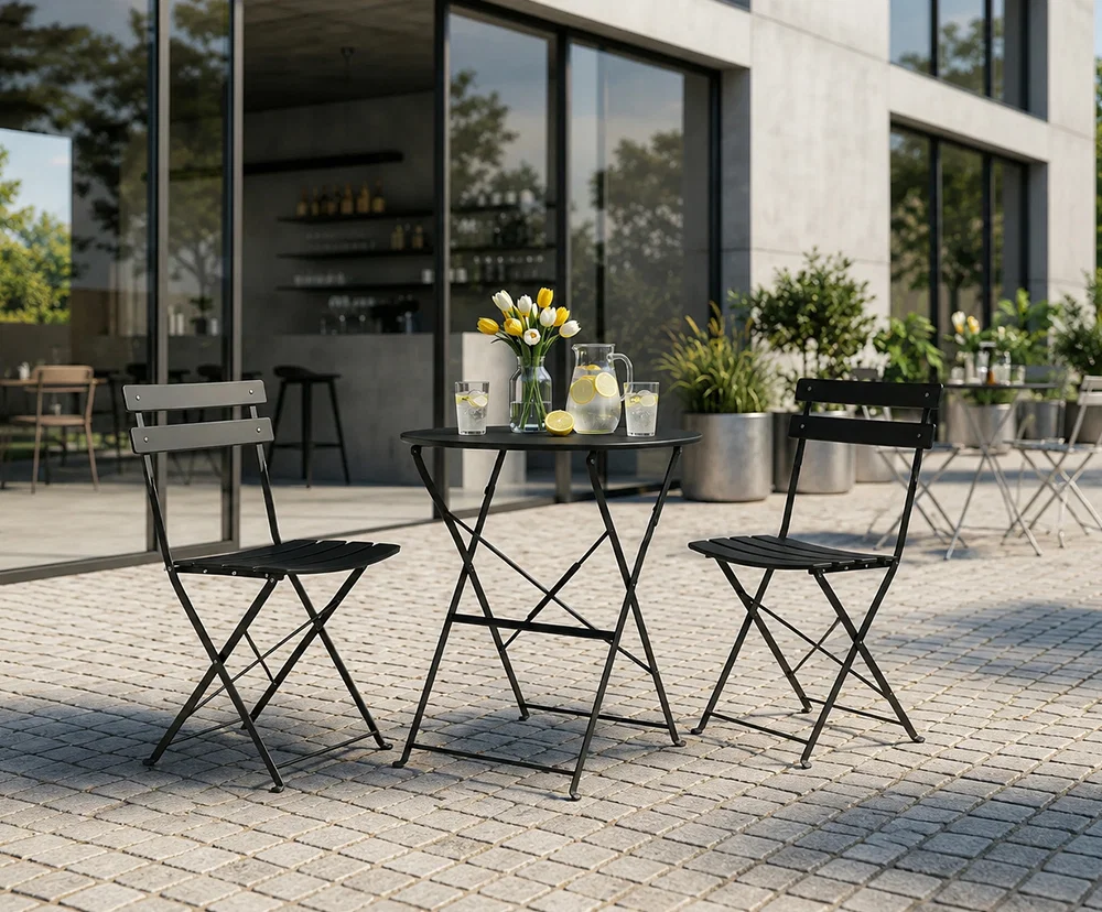 Sada balkonového nábytku ORION kulatý stůl a 2 židle v elegantní černé barvě