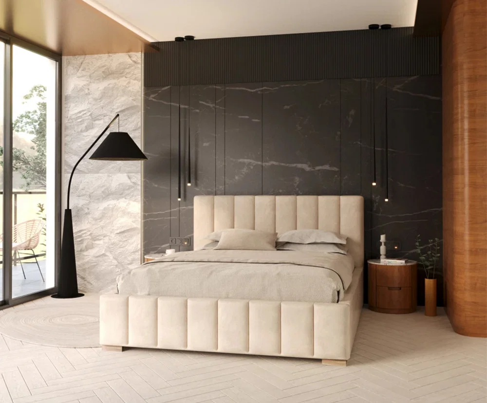 Čalouněná postel AUSTIN 90x200 cm Krémová Trinity s úložným prostorem kovový rošt