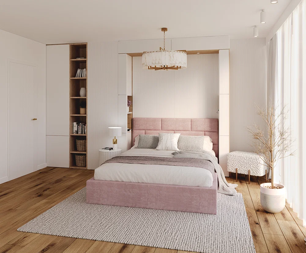 Čalouněná postel PASADENA 90x200 s kovovým roštem RŮŽOVÁ