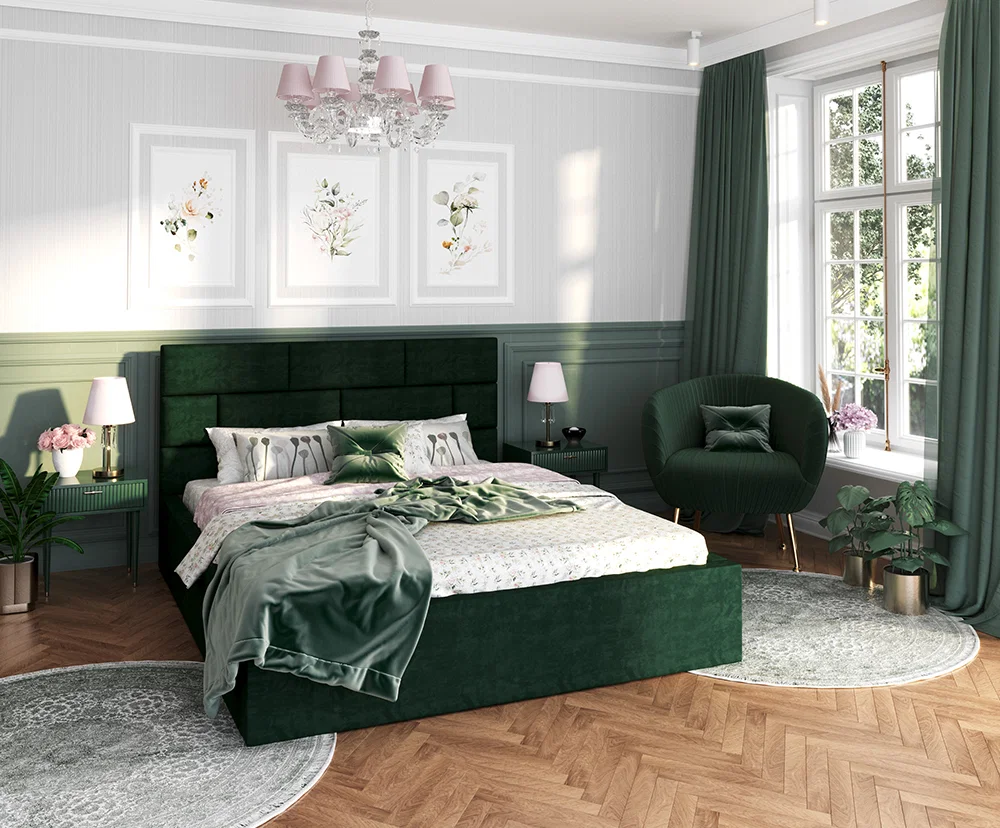 Čalouněná postel PASADENA 90x200 s kovovým roštem ZELENÁ