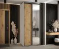 Šatní skříň s posuvnými dveřmi a zrcadlem DAVOS 100cm | Bílá / DUB Artisan / černé pojezdy