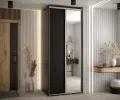 Šatní skříň s posuvnými dveřmi a zrcadlem DAVOS 100cm | Černá / stříbrné pojezdy