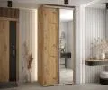 Šatní skříň s posuvnými dveřmi a zrcadlem DAVOS 100cm | DUB Artisan / stříbrné pojezdy