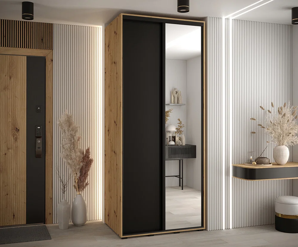 Šatní skříň s posuvnými dveřmi a zrcadlem DAVOS 120cm |DUB Artisan / černá / černé pojezdy