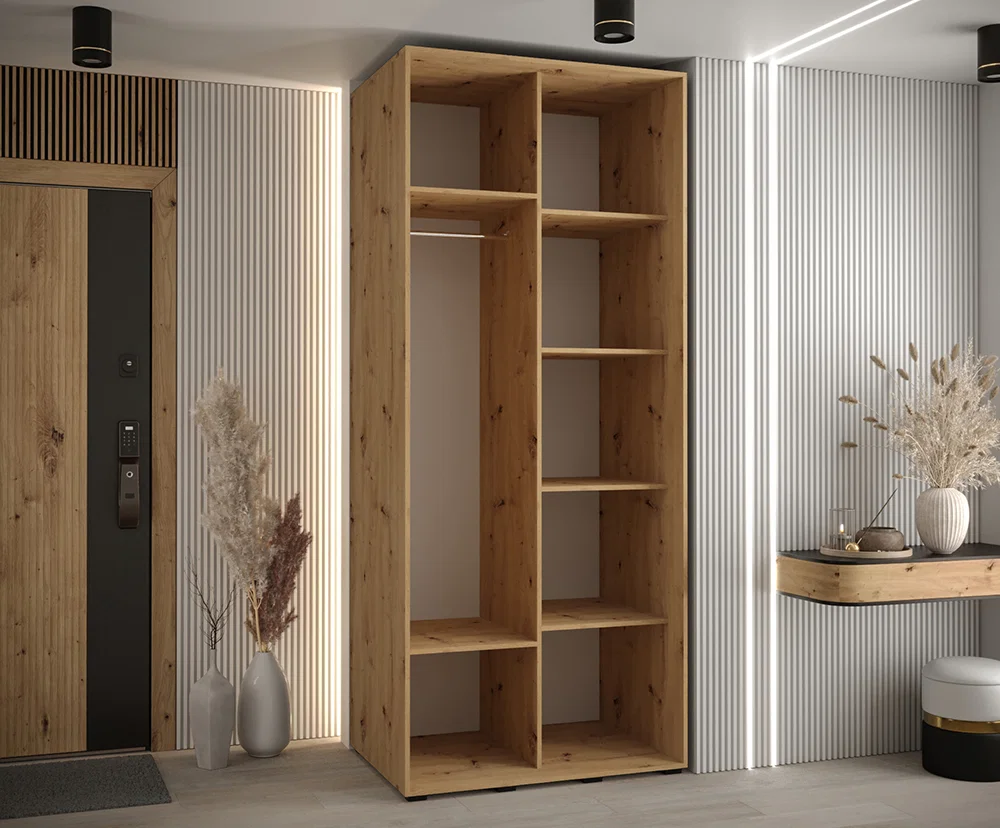 Šatní skříň s posuvnými dveřmi a zrcadlem DAVOS 120cm | DUB Artisan / černé pojezdy