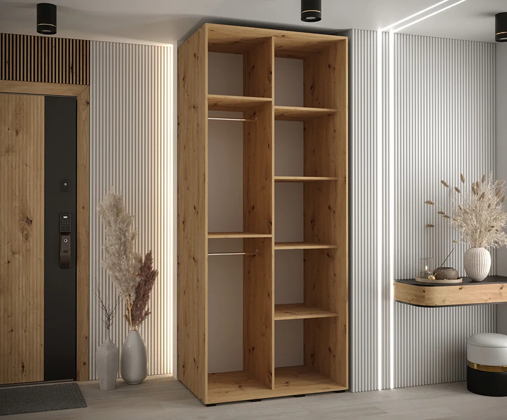 Šatní skříň s posuvnými dveřmi a zrcadlem DAVOS 120cm | DUB Artisan / černé pojezdy