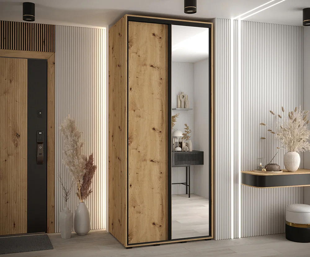 Šatní skříň s posuvnými dveřmi a zrcadlem DAVOS 120cm | DUB Artisan / černé pojezdy