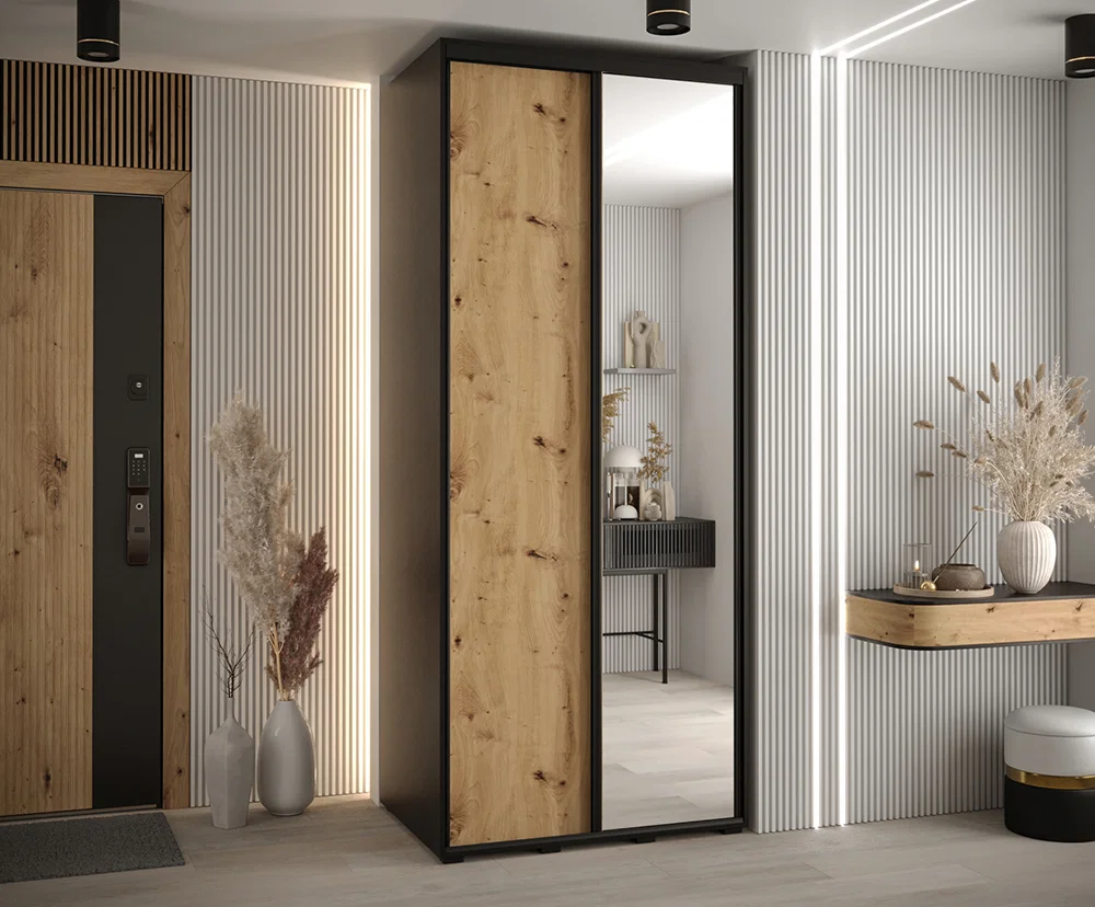 Šatní skříň s posuvnými dveřmi a zrcadlem DAVOS 120cm | Černá / DUB Artisan / černé pojezd