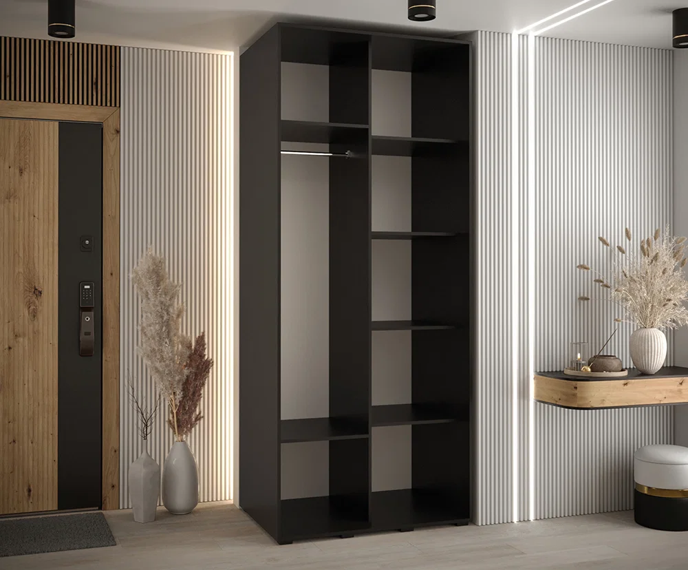 Šatní skříň s posuvnými dveřmi a zrcadlem DAVOS 120cm | Černá / DUB Artisan / černé pojezd