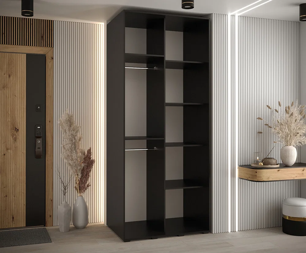Šatní skříň s posuvnými dveřmi a zrcadlem DAVOS 120cm | Černá / DUB Artisan / černé pojezd