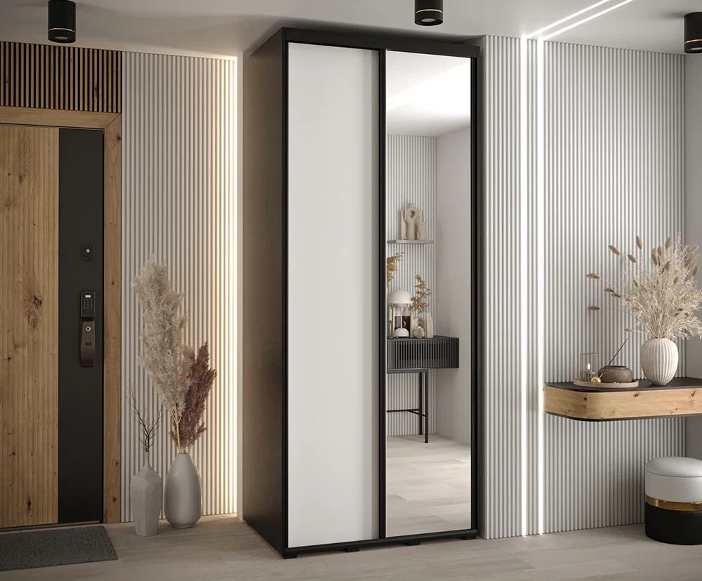 Šatní skříň s posuvnými dveřmi a zrcadlem DAVOS 120cm | Černá / bílá / černé pojezdy