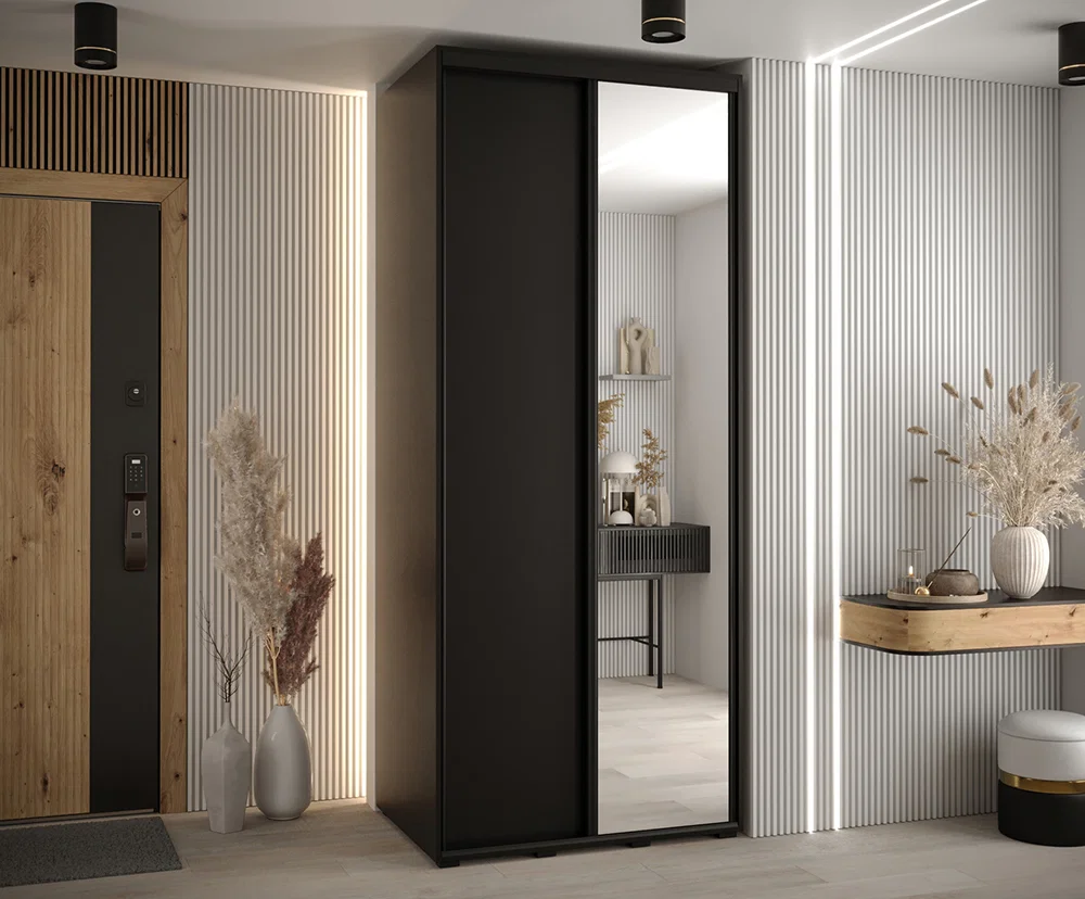 Šatní skříň s posuvnými dveřmi a zrcadlem DAVOS 120cm | Černá / černé pojezdy