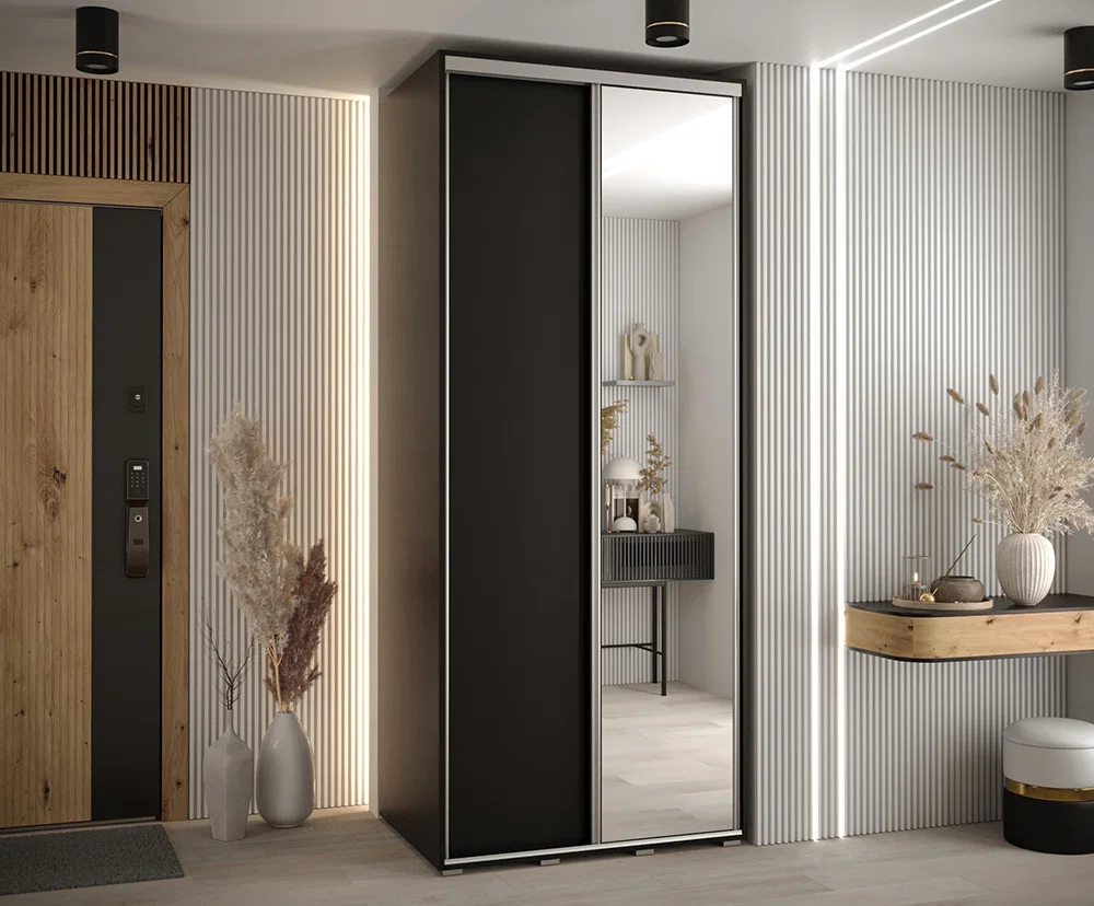 Šatní skříň s posuvnými dveřmi a zrcadlem DAVOS 120cm | Černá / stříbrné pojezdy