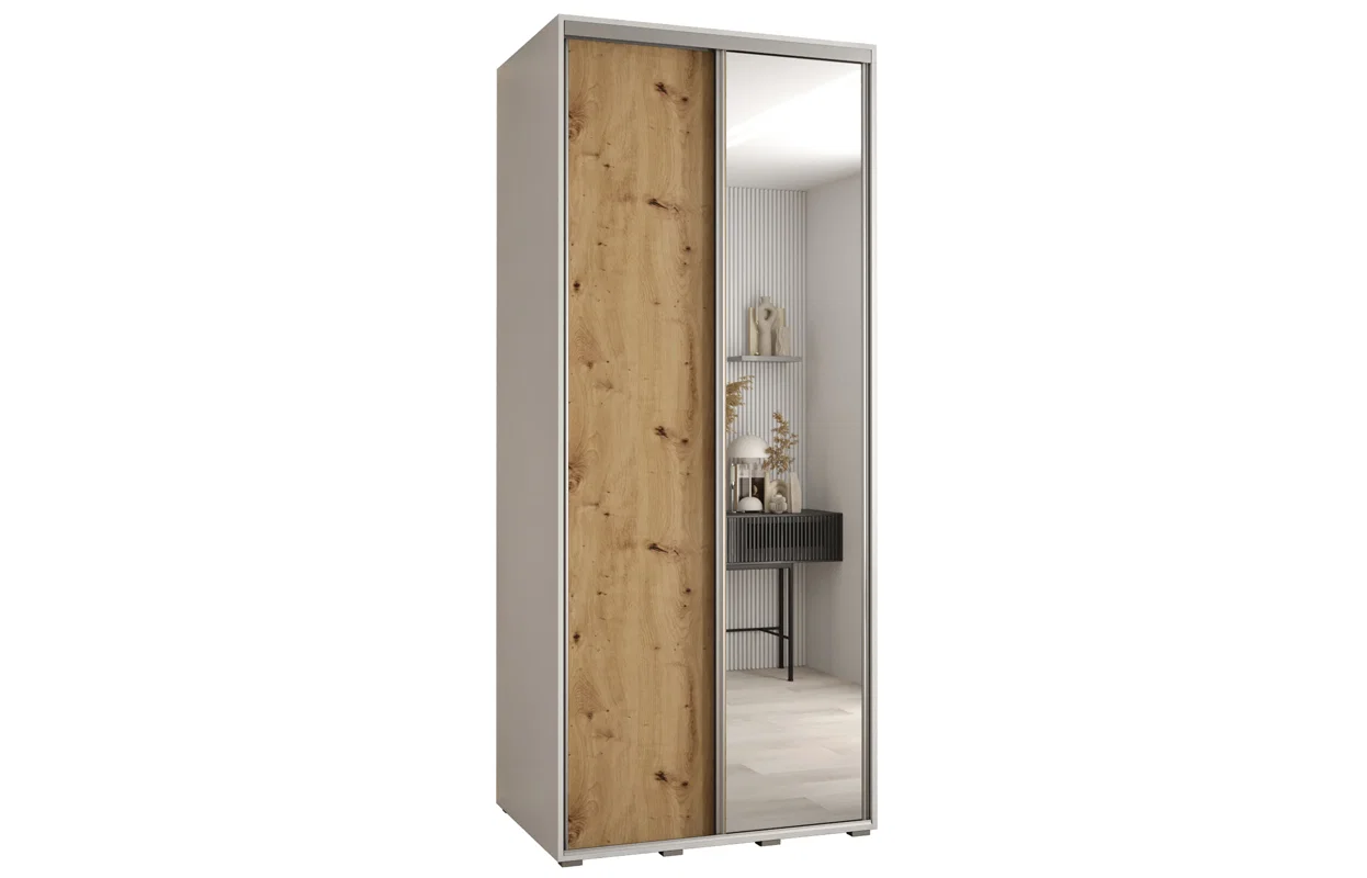 Šatní skříň s posuvnými dveřmi a zrcadlem DAVOS 120cm | Bílá / DUB Artisan / stříbrné