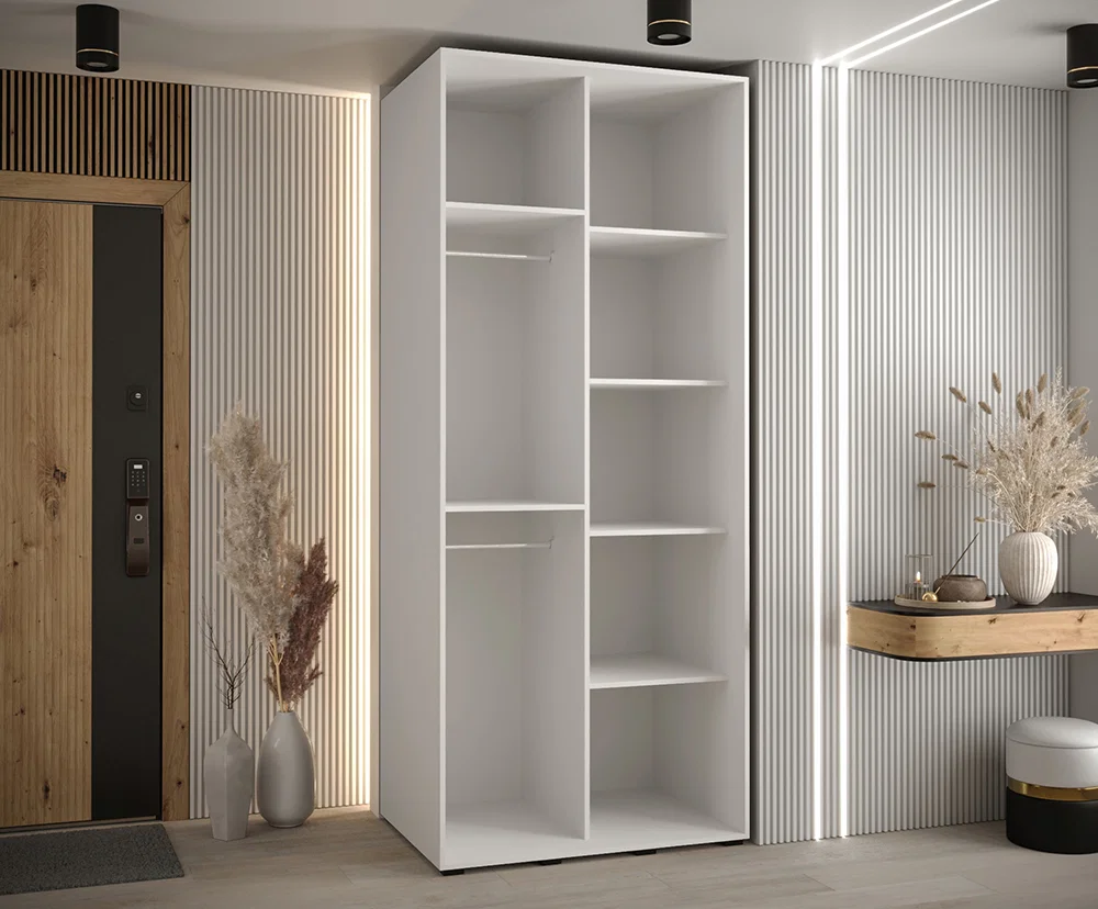 Šatní skříň s posuvnými dveřmi a zrcadlem DAVOS 120cm | Bílá / DUB Artisan / stříbrné