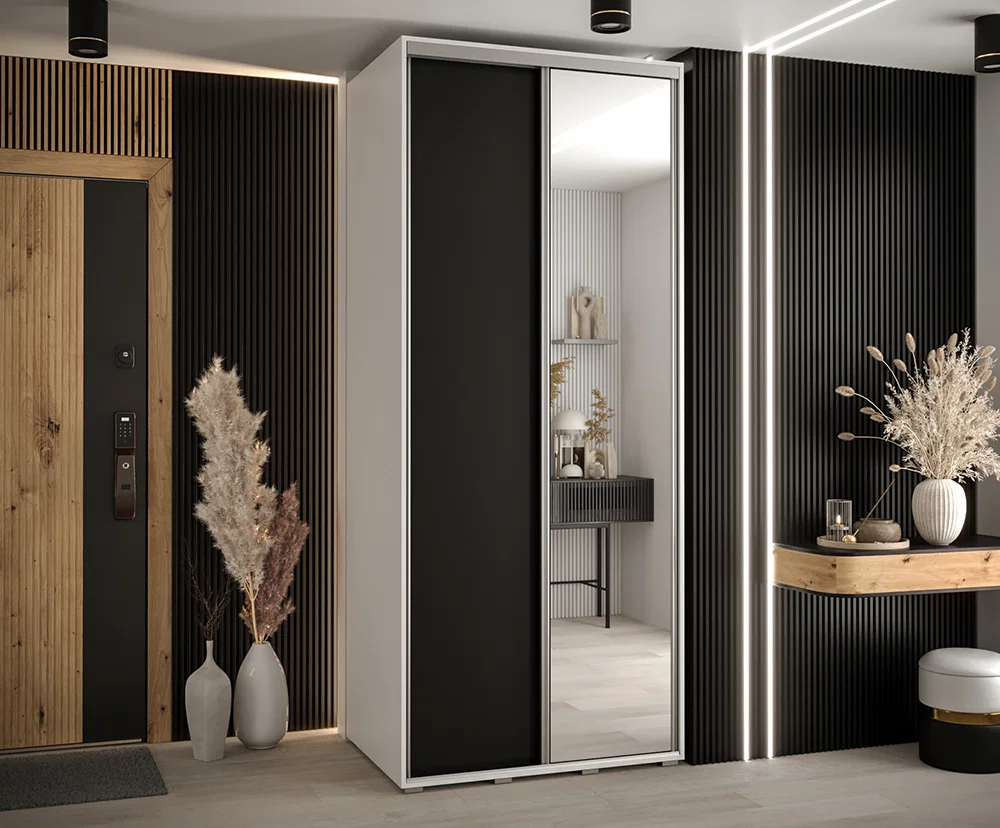 Šatní skříň s posuvnými dveřmi a zrcadlem DAVOS 120 cm | Bílá / černá / stříbrné pojezdy