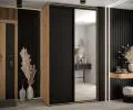 Šatní skříň s posuvnými dveřmi a zrcadlem DAVOS 140cm |DUB Artisan / černá / černé pojezdy