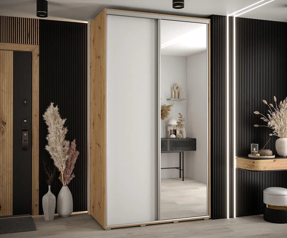 Šatní skříň s posuvnými dveřmi a zrcadlem DAVOS 140cm | DUB Artisan / bílá / stříbrné