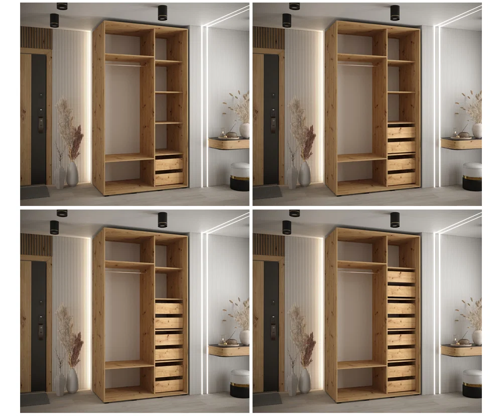Šatní skříň s posuvnými dveřmi a zrcadlem DAVOS 140cm | DUB Artisan / bílá / stříbrné