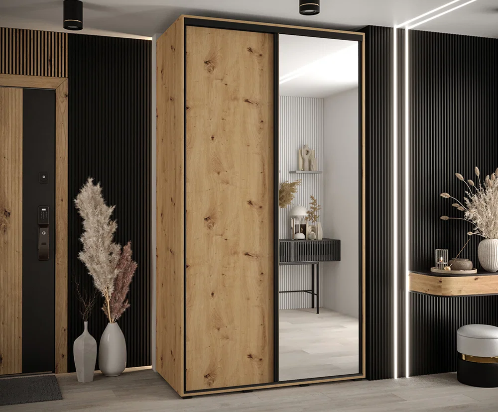 Šatní skříň s posuvnými dveřmi a zrcadlem DAVOS 140cm | DUB Artisan / černé pojezdy