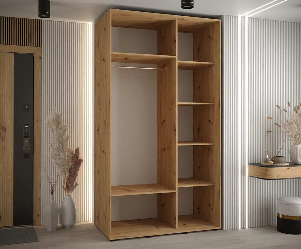 Šatní skříň s posuvnými dveřmi a zrcadlem DAVOS 140cm | DUB Artisan / stříbrné pojezdy