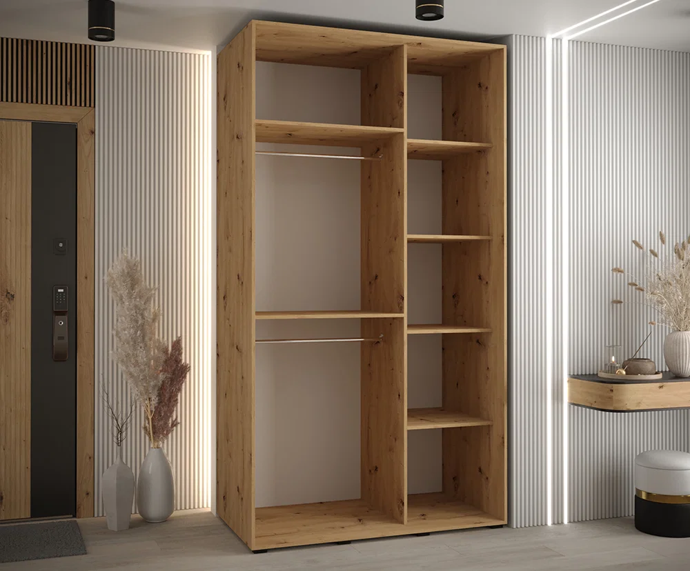 Šatní skříň s posuvnými dveřmi a zrcadlem DAVOS 140cm | DUB Artisan / stříbrné pojezdy