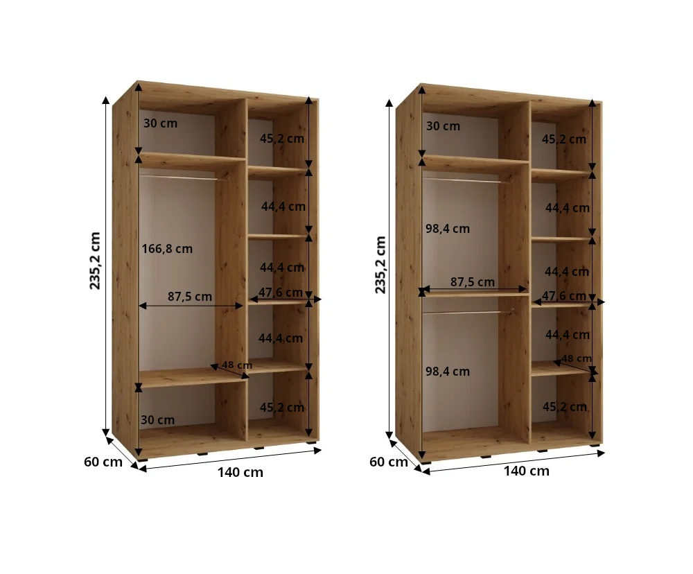Šatní skříň s posuvnými dveřmi a zrcadlem DAVOS 140cm | DUB Artisan / stříbrné pojezdy