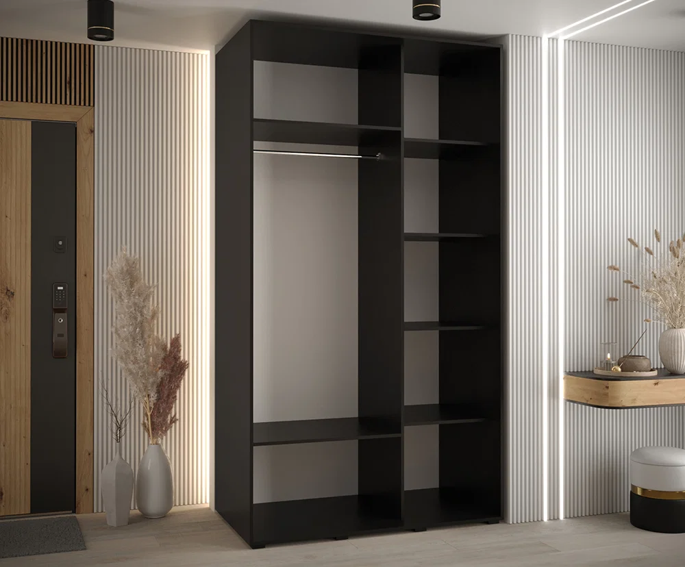 Šatní skříň s posuvnými dveřmi a zrcadlem DAVOS 140cm | Černá / DUB Artisan / stříbrné