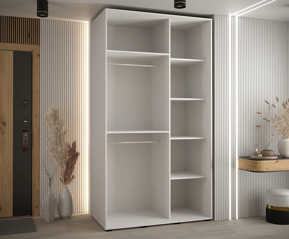 Šatní skříň s posuvnými dveřmi a zrcadlem DAVOS 140cm | Bílá / DUB Artisan / černé pojezdy