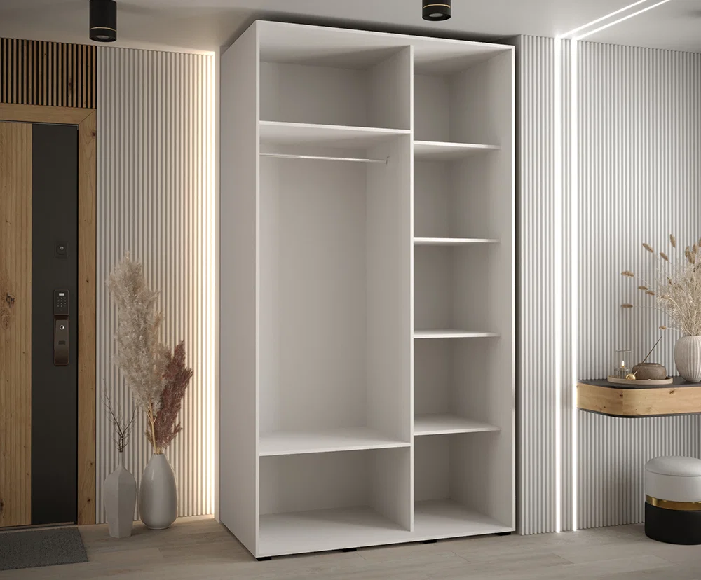 Šatní skříň s posuvnými dveřmi a zrcadlem DAVOS 140cm | Bílá / černá / černé pojezdy