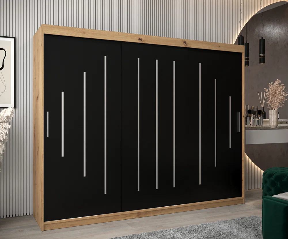 Šatní skříň s posuvnými dveřmi YORK - 250x200cm -Dub Artisan-Černá-