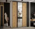 Šatní skříň s posuvnými dveřmi a zrcadlem DAVOS 150cm | Bílá / DUB Artisan / černé pojezdy