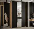 Šatní skříň s posuvnými dveřmi a zrcadlem DAVOS 150cm |DUB Artisan / černá / černé pojezdy