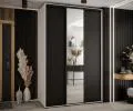 Šatní skříň s posuvnými dveřmi a zrcadlem DAVOS 160cm | Bílá / černá / černé pojezdy