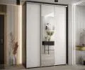 Šatní skříň s posuvnými dveřmi a zrcadlem DAVOS 170cm | Černá / bílá / stříbrné pojezdy