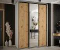Šatní skříň s posuvnými dveřmi a zrcadlem DAVOS 180cm | Bílá / DUB Artisan / černé pojezdy