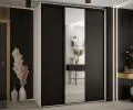 Šatní skříň s posuvnými dveřmi a zrcadlem DAVOS 180cm | Bílá / černá / černé pojezdy