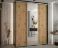 Šatní skříň s posuvnými dveřmi a zrcadlem DAVOS 190cm | Černá / DUB Artisan / stříbrné