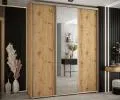 Šatní skříň s posuvnými dveřmi a zrcadlem DAVOS 200cm | DUB Artisan / stříbrné pojezdy