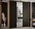 Šatní skříň s posuvnými dveřmi a zrcadlem DAVOS 200cm | DUB Artisan / černá / černé pojezd