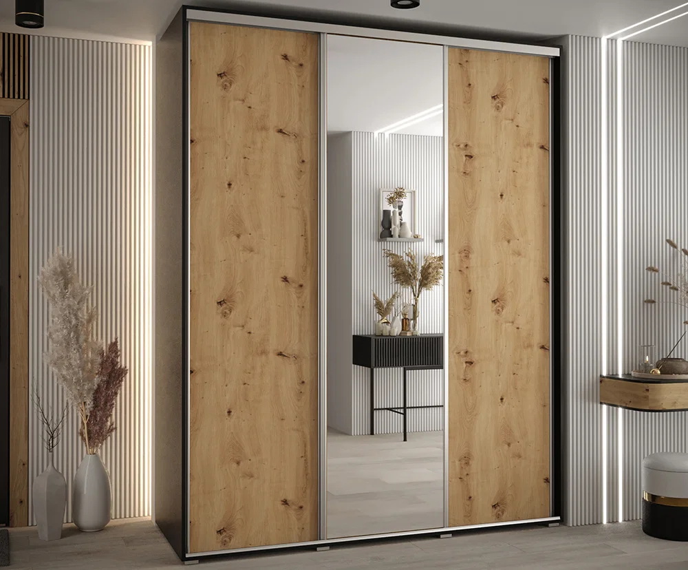 Šatní skříň s posuvnými dveřmi a zrcadlem DAVOS 200cm | Černá / DUB Artisan / stříbrné