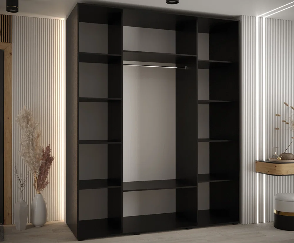 Šatní skříň s posuvnými dveřmi a zrcadlem DAVOS 200cm | Černá / DUB Artisan / stříbrné