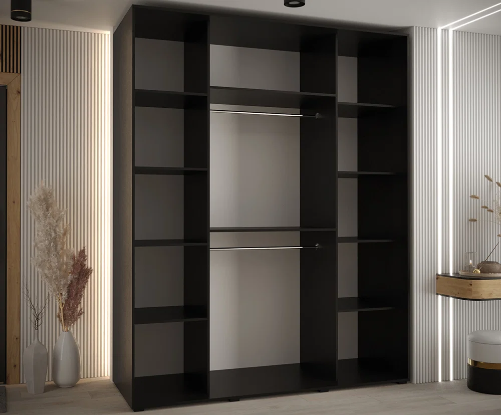 Šatní skříň s posuvnými dveřmi a zrcadlem DAVOS 200cm | Černá / DUB Artisan / stříbrné