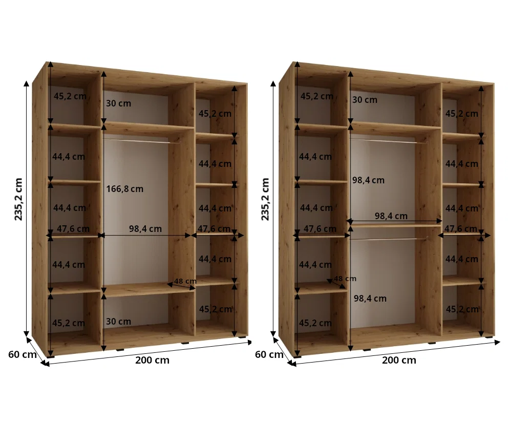 Šatní skříň s posuvnými dveřmi a zrcadlem DAVOS 200cm | Černá / DUB Artisan / stříbrné