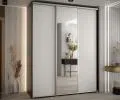 Šatní skříň s posuvnými dveřmi a zrcadlem DAVOS 200cm | Černá / bílá / stříbrné pojezdy